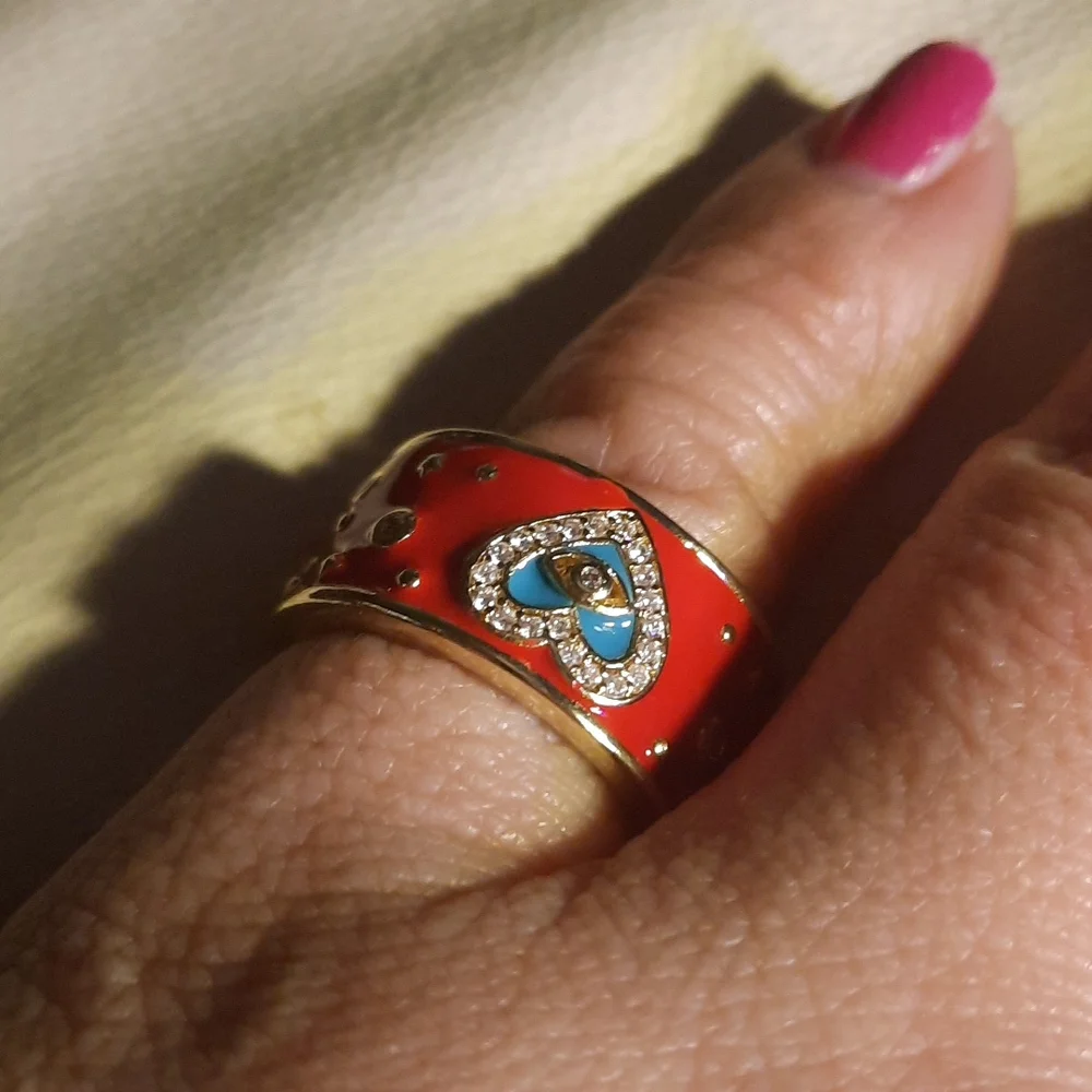- Red and blue Enamel Gold Tone heavy adjustable ring - Picture 1 of 5
